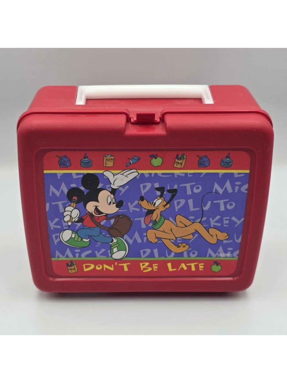 Vintage Thermos Mickey Pluto Lunch Box Thermos Red Don’t Be Late Disney USA